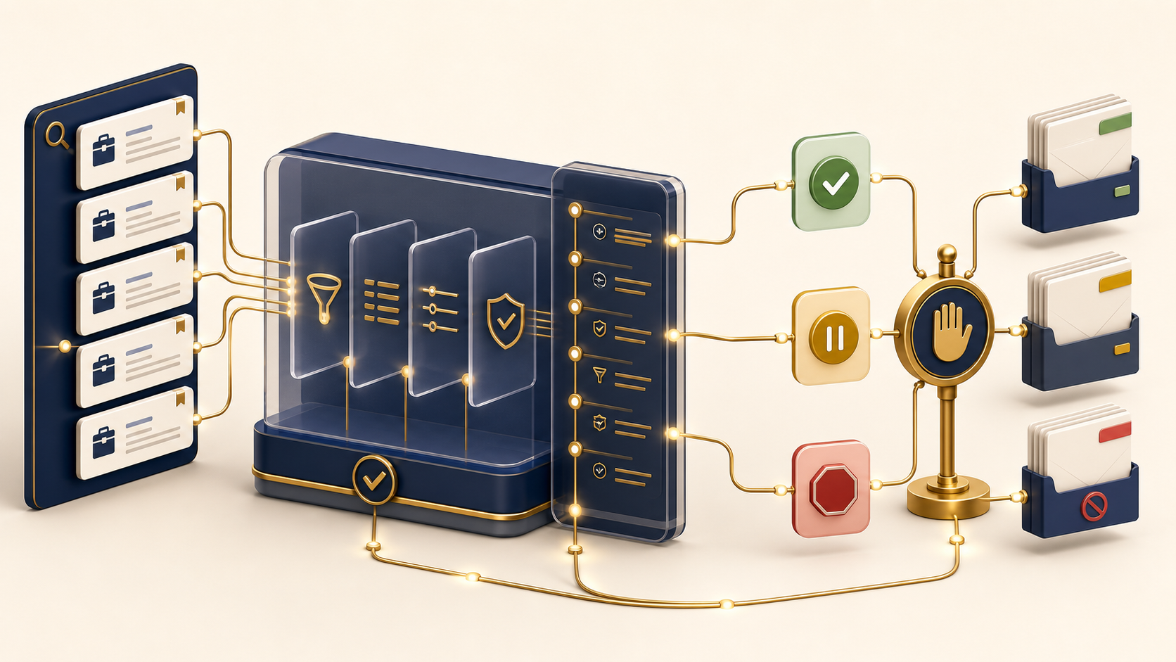 A safety-first job review pipeline filtering job postings into pass, review, and stop paths behind a human approval gate