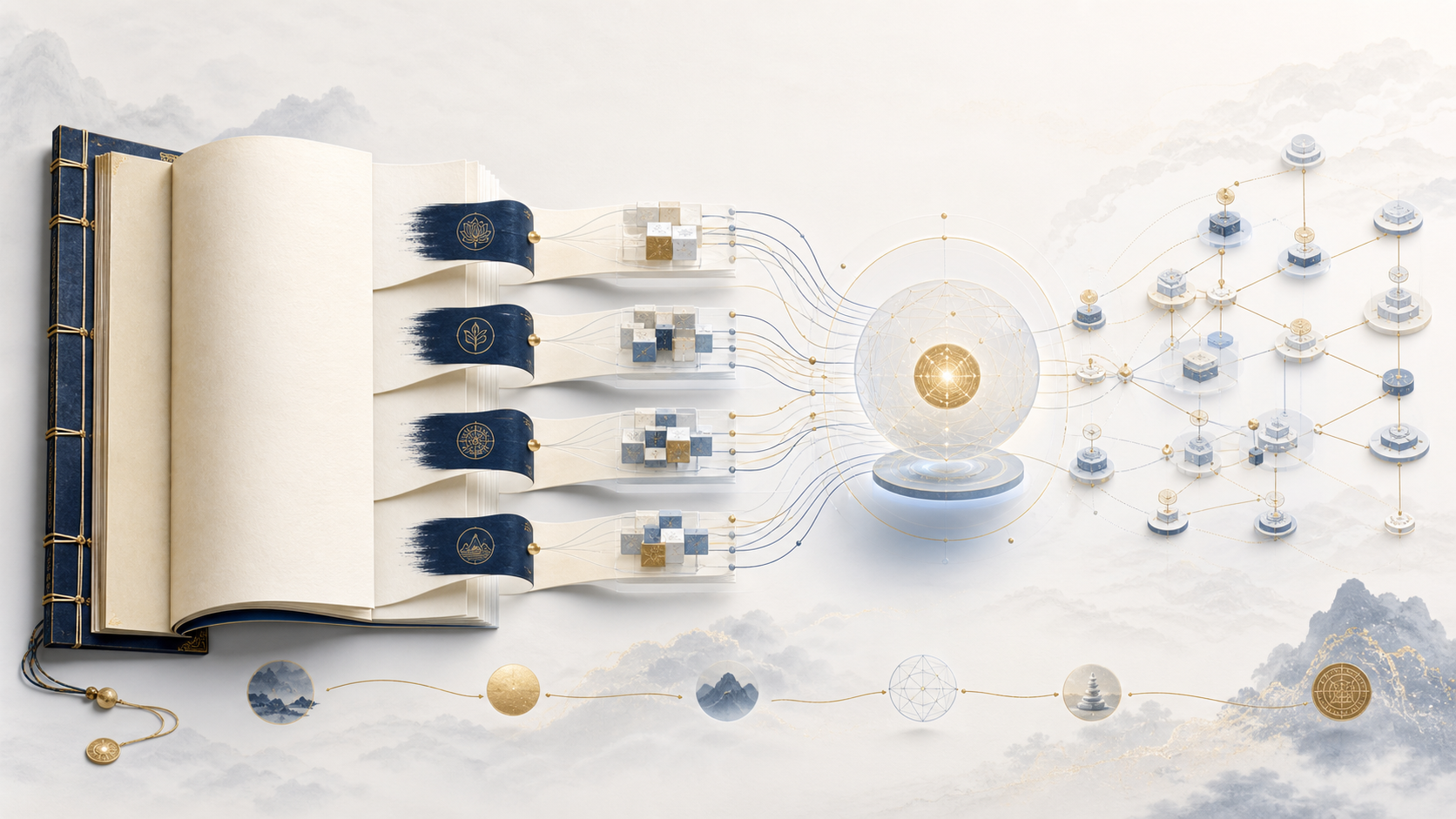 A classical wisdom book unfolding into semantic layers, a reasoning core, and a traceable knowledge graph